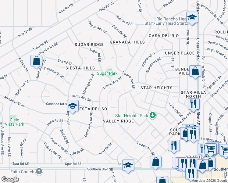 map of restaurants, bars, coffee shops, grocery stores, and more near 607 Sandia Vista Court Southeast in Rio Rancho