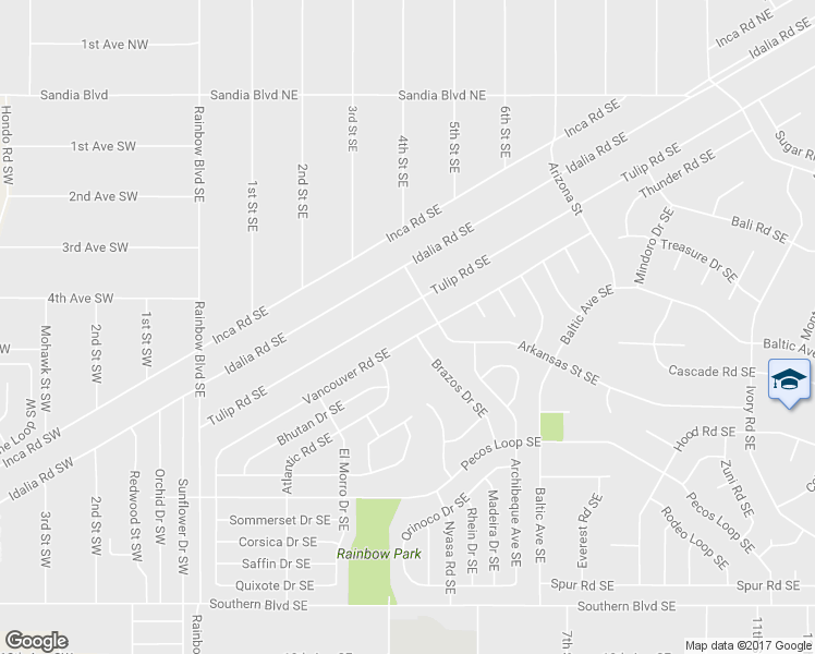 map of restaurants, bars, coffee shops, grocery stores, and more near 493 Vancouver Road Southeast in Rio Rancho