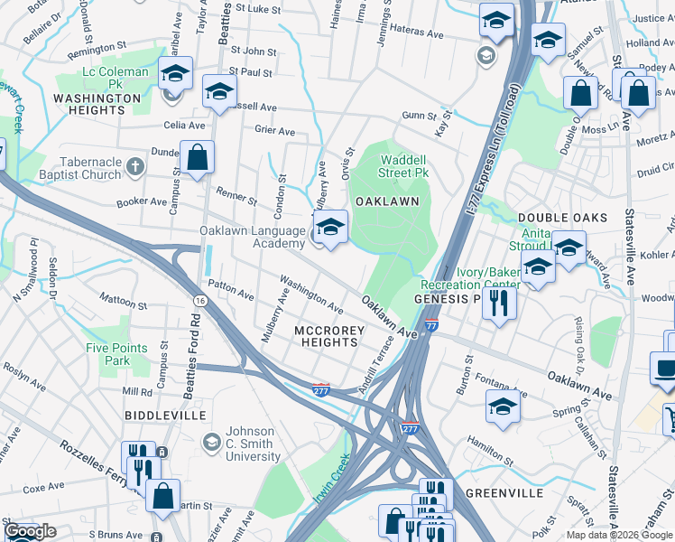 map of restaurants, bars, coffee shops, grocery stores, and more near 1713 Oaklawn Avenue in Charlotte