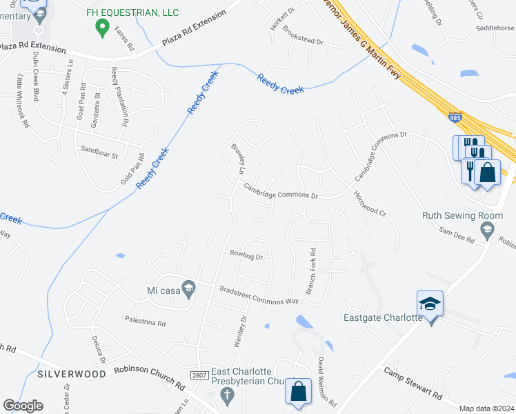 map of restaurants, bars, coffee shops, grocery stores, and more near 8911 Tendring Court in Charlotte