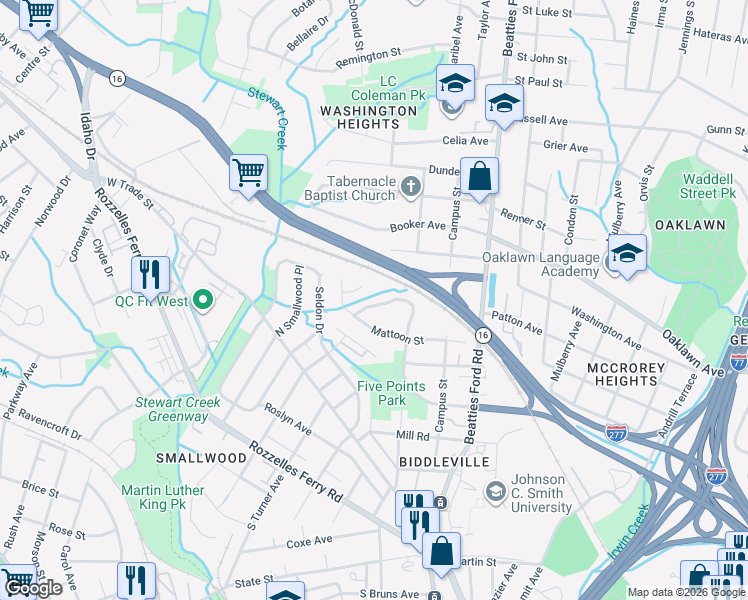map of restaurants, bars, coffee shops, grocery stores, and more near 2415 Crestview Drive in Charlotte