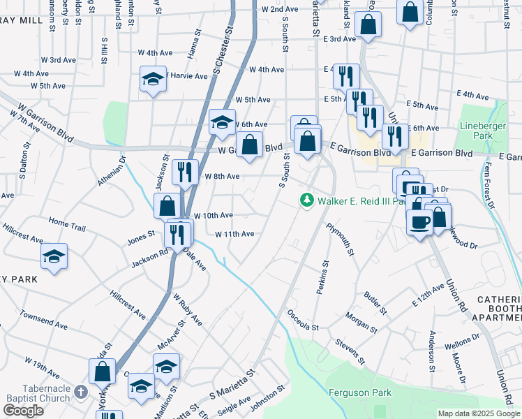 map of restaurants, bars, coffee shops, grocery stores, and more near 204 West 10th Avenue in Gastonia