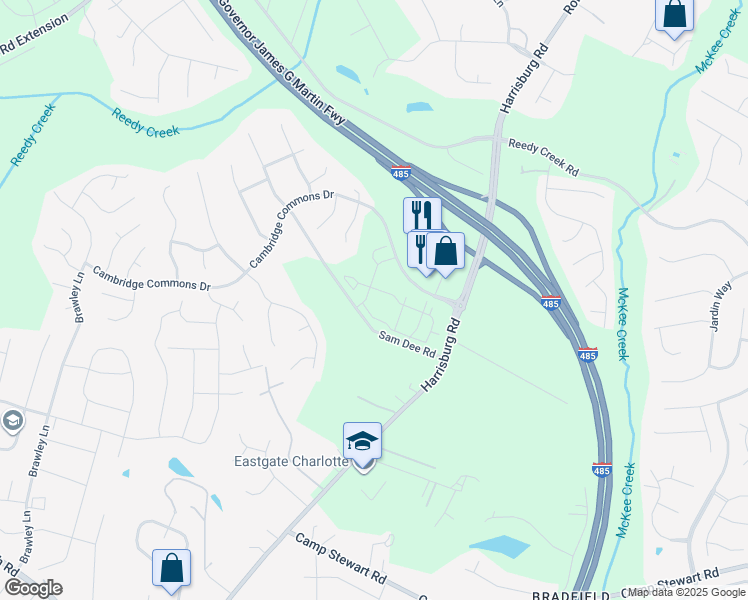 map of restaurants, bars, coffee shops, grocery stores, and more near 8205 Sam Dee Road in Charlotte