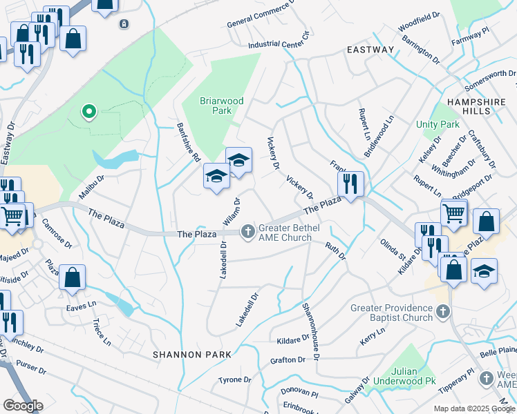 map of restaurants, bars, coffee shops, grocery stores, and more near 5301 The Plaza in Charlotte