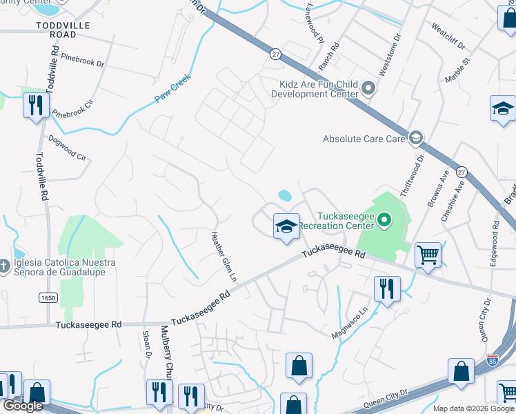 map of restaurants, bars, coffee shops, grocery stores, and more near 2601 Mulberry Pond Drive in Charlotte
