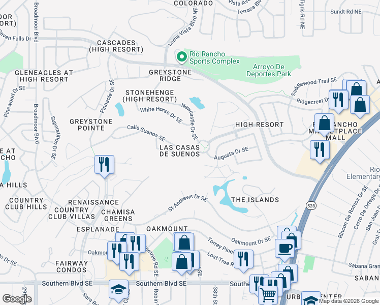map of restaurants, bars, coffee shops, grocery stores, and more near 3592 Calle Suenos Southeast in Rio Rancho