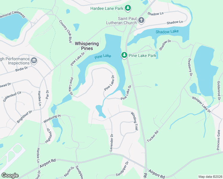 map of restaurants, bars, coffee shops, grocery stores, and more near 20 Pine Lake Drive in Whispering Pines