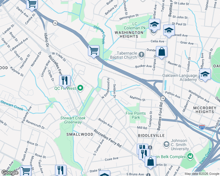 map of restaurants, bars, coffee shops, grocery stores, and more near 515 Seldon Drive in Charlotte
