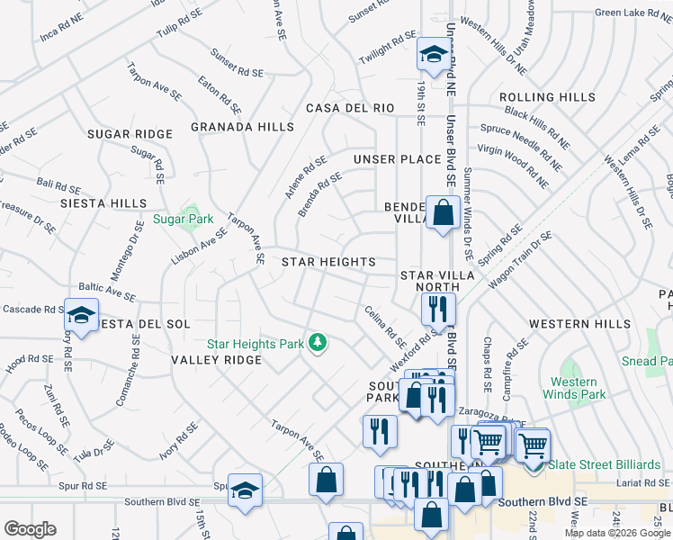 map of restaurants, bars, coffee shops, grocery stores, and more near 1705 Celina Road Southeast in Rio Rancho