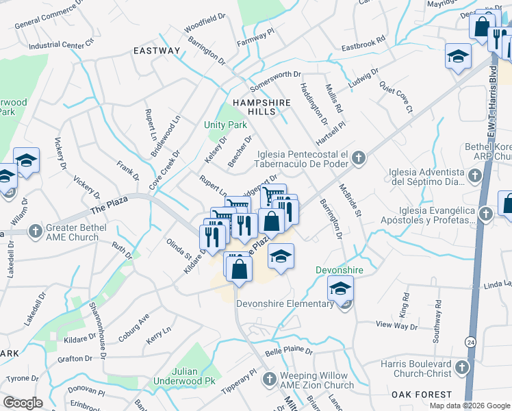 map of restaurants, bars, coffee shops, grocery stores, and more near 5914 Fairmarket Place in Charlotte