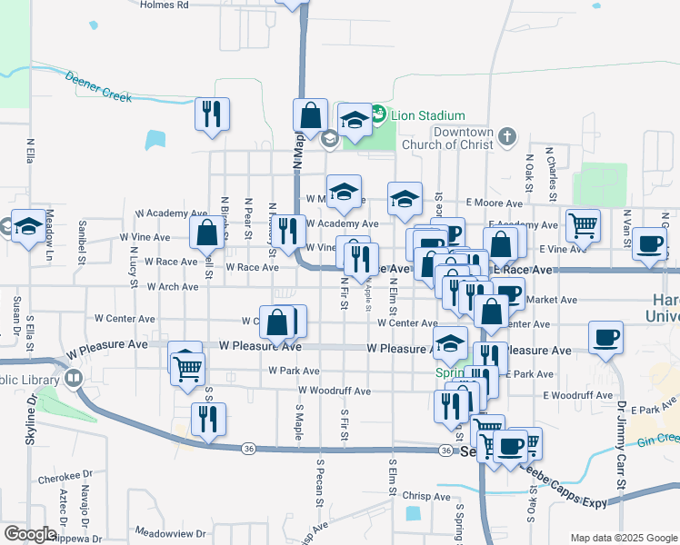 map of restaurants, bars, coffee shops, grocery stores, and more near 601 West Race Avenue in Searcy