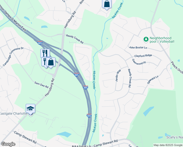 map of restaurants, bars, coffee shops, grocery stores, and more near 7512 Baylor Way Court in Charlotte