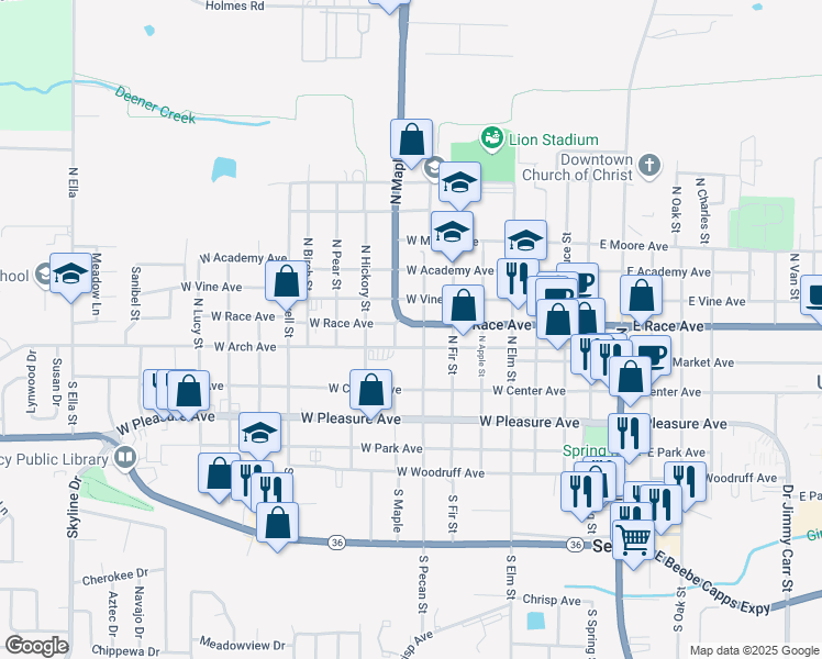 map of restaurants, bars, coffee shops, grocery stores, and more near 703 West Race Avenue in Searcy