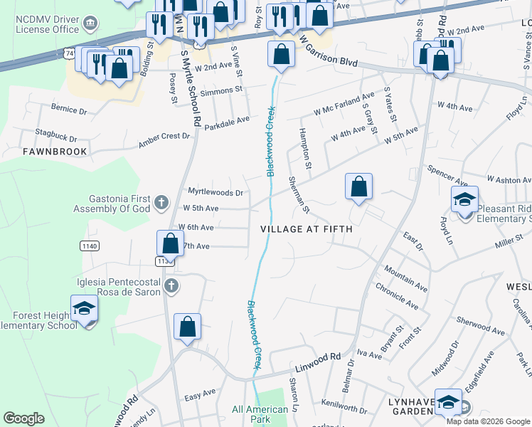 map of restaurants, bars, coffee shops, grocery stores, and more near 2015 Hughes Avenue in Gastonia