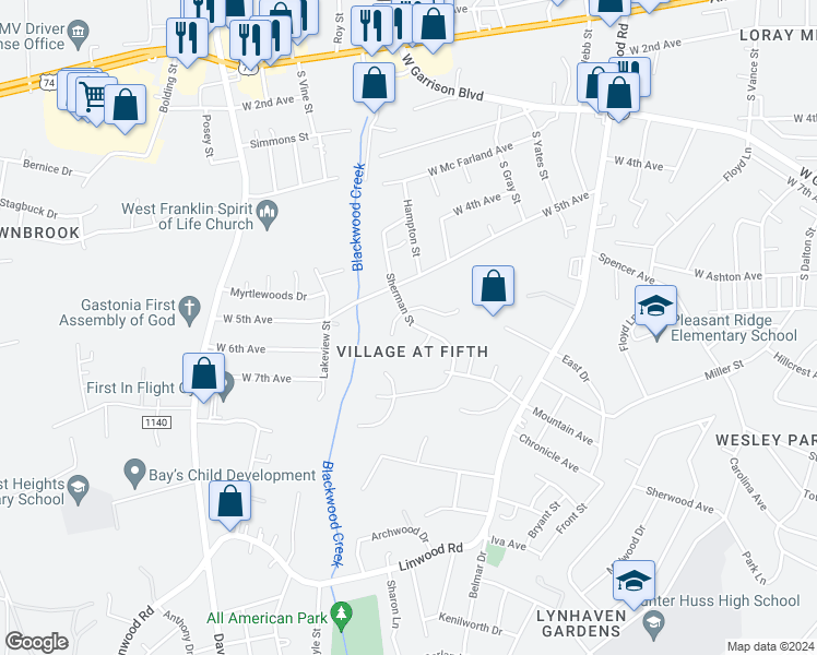 map of restaurants, bars, coffee shops, grocery stores, and more near 709 Sherman Street in Gastonia
