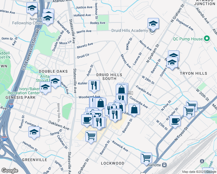 map of restaurants, bars, coffee shops, grocery stores, and more near 2101 Edison Street in Charlotte