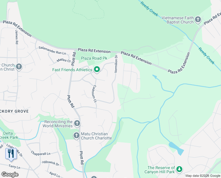 map of restaurants, bars, coffee shops, grocery stores, and more near 8129 Vermilion Drive in Charlotte