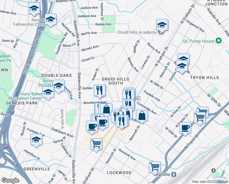 map of restaurants, bars, coffee shops, grocery stores, and more near 2001 Edison Street in Charlotte