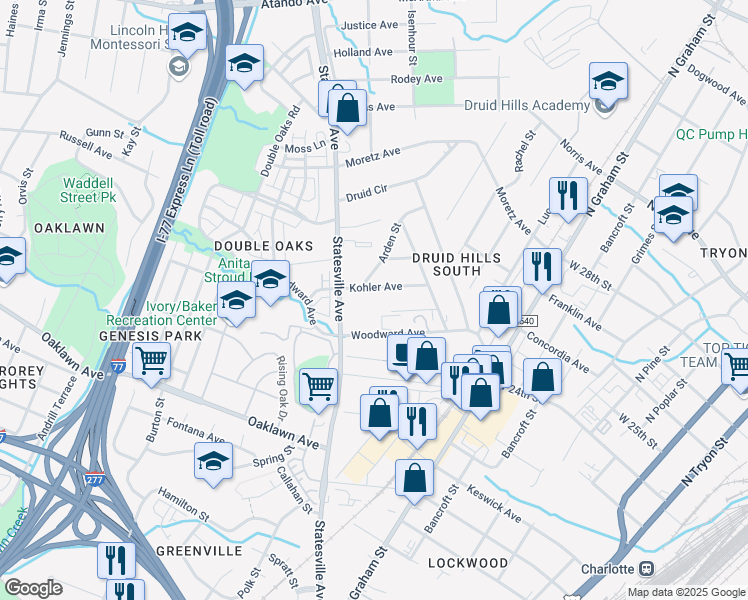 map of restaurants, bars, coffee shops, grocery stores, and more near 2014 Statesville Avenue in Charlotte