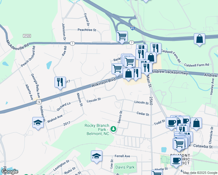 map of restaurants, bars, coffee shops, grocery stores, and more near 402 Lincoln Street in Belmont