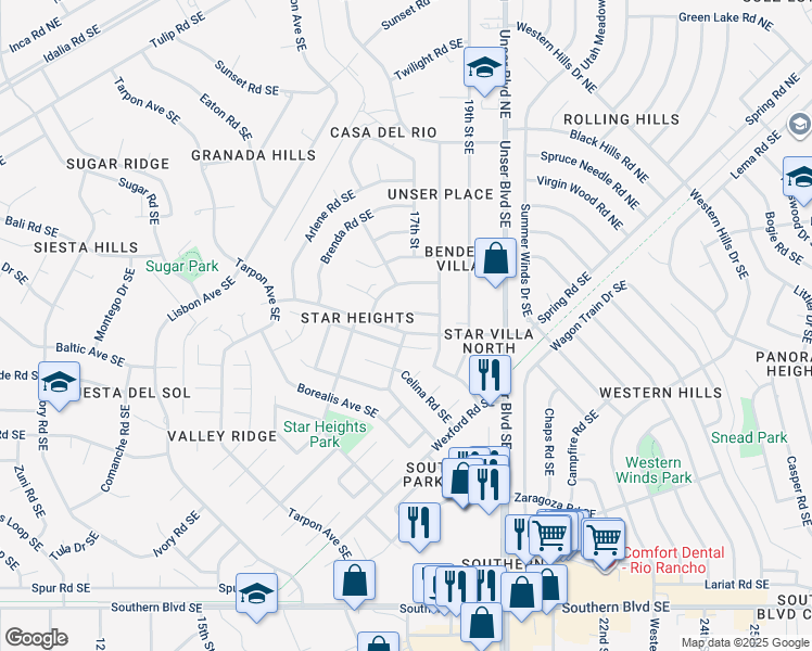 map of restaurants, bars, coffee shops, grocery stores, and more near 326 Geraldine Loop Southeast in Rio Rancho