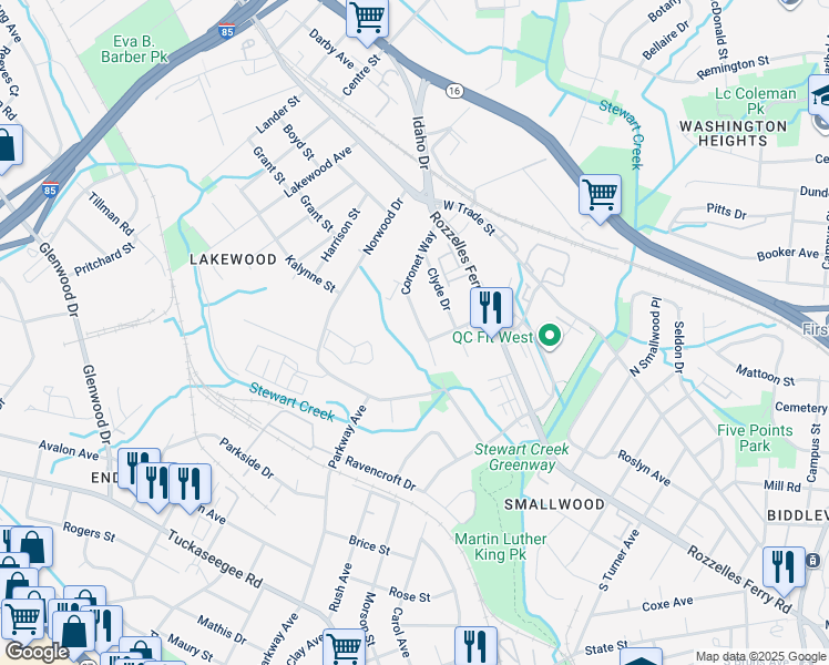 map of restaurants, bars, coffee shops, grocery stores, and more near 2909 Coronet Way in Charlotte