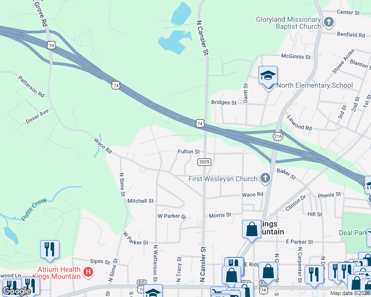 map of restaurants, bars, coffee shops, grocery stores, and more near 310 Fulton Street in Kings Mountain