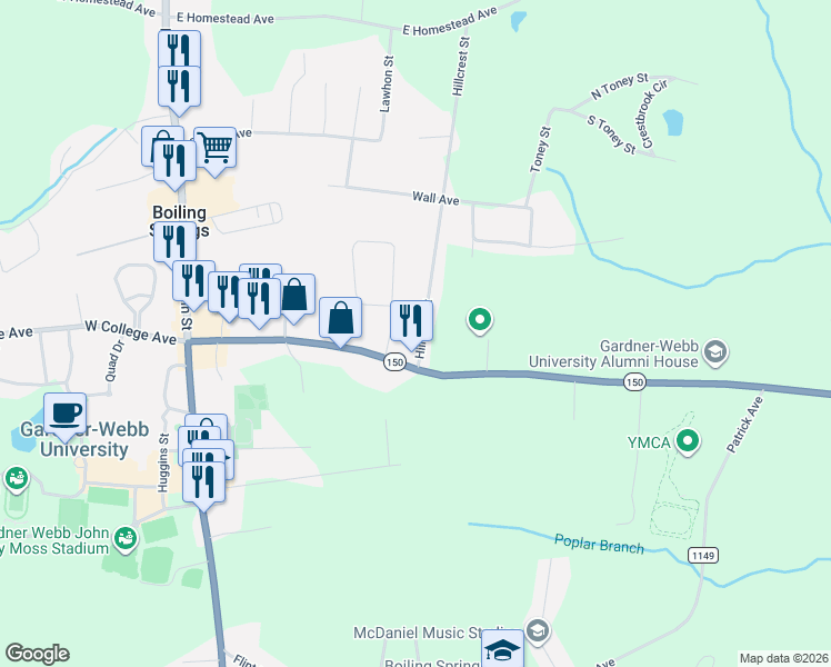 map of restaurants, bars, coffee shops, grocery stores, and more near 102 Woodhill Drive in Shelby