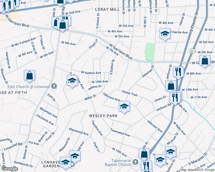 map of restaurants, bars, coffee shops, grocery stores, and more near 761 Miller Street in Gastonia