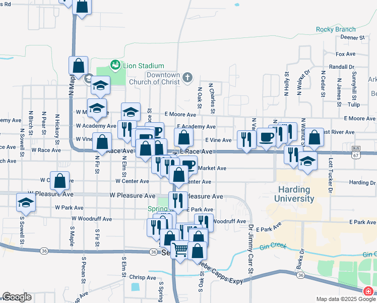 map of restaurants, bars, coffee shops, grocery stores, and more near 208 East Vine Avenue in Searcy