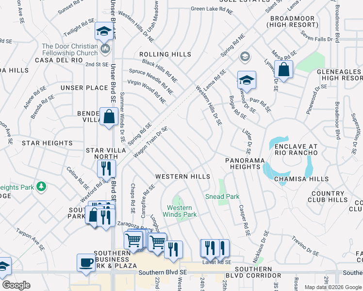 map of restaurants, bars, coffee shops, grocery stores, and more near 437 Wagon Train Drive Southeast in Rio Rancho