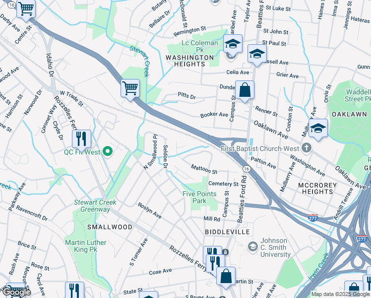 map of restaurants, bars, coffee shops, grocery stores, and more near 105 Mattoon Street in Charlotte