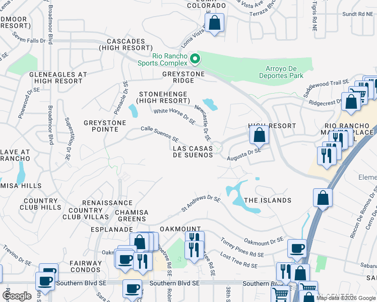 map of restaurants, bars, coffee shops, grocery stores, and more near 3553 Calle Suenos Southeast in Rio Rancho