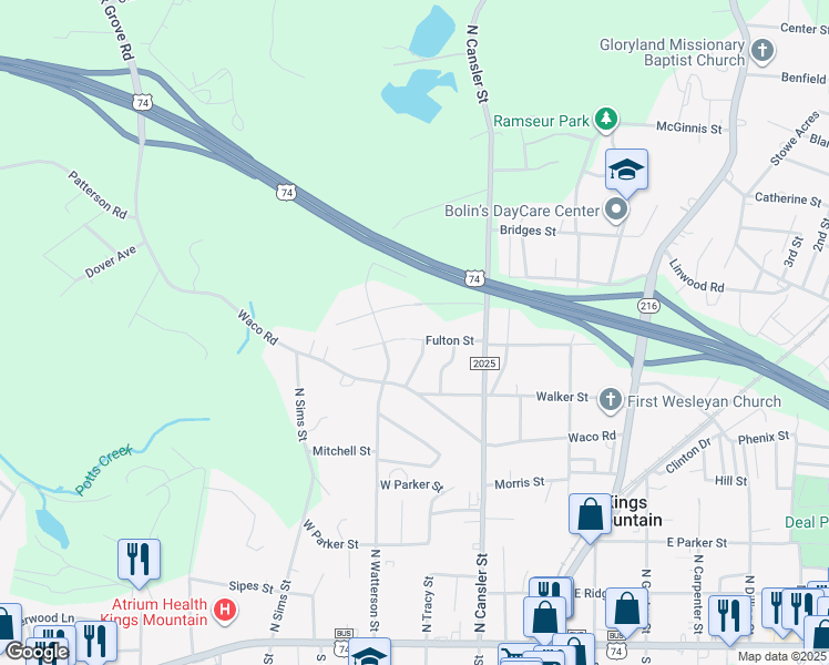 map of restaurants, bars, coffee shops, grocery stores, and more near 315 Brice Street in Kings Mountain