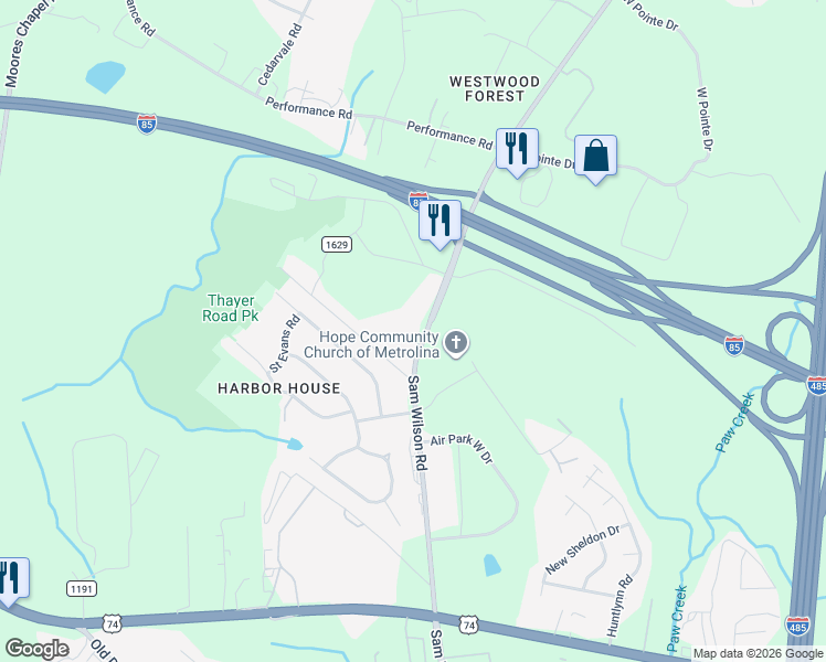 map of restaurants, bars, coffee shops, grocery stores, and more near 3110 Sam Wilson Rd in Charlotte