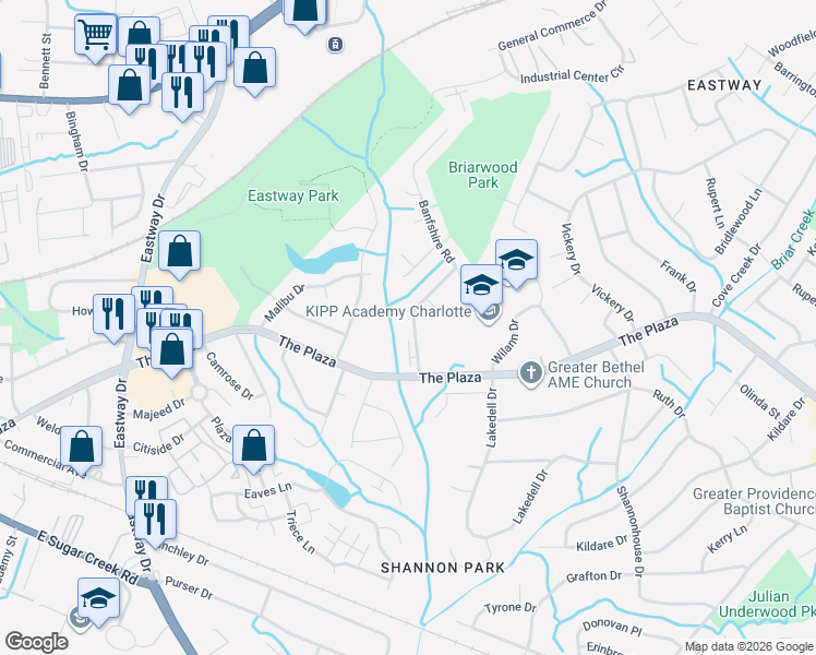 map of restaurants, bars, coffee shops, grocery stores, and more near 1018 Glenfiddich Drive in Charlotte