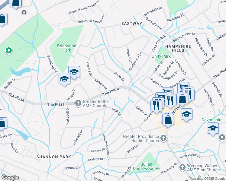 map of restaurants, bars, coffee shops, grocery stores, and more near 526 Briarwood Drive in Charlotte