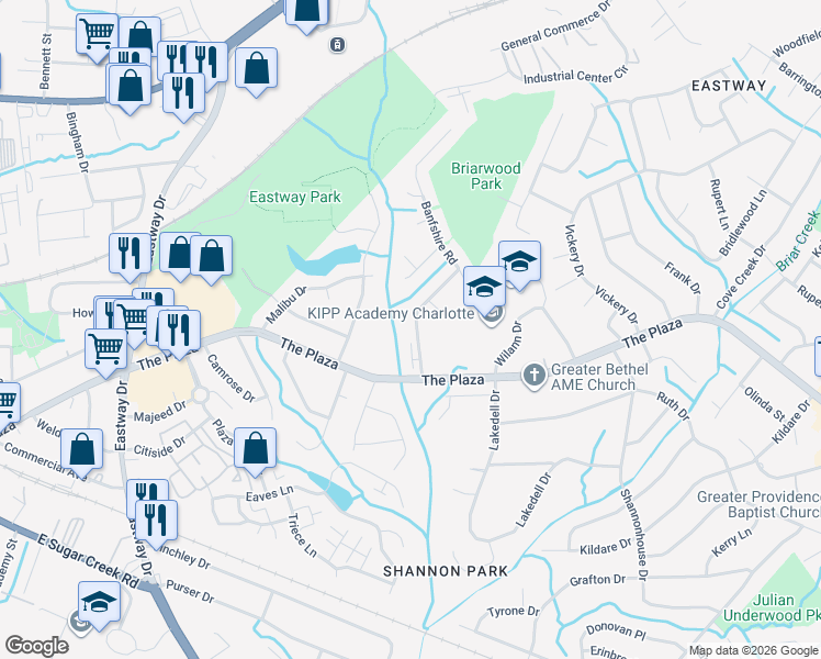 map of restaurants, bars, coffee shops, grocery stores, and more near 1018 Glenfiddich Drive in Charlotte