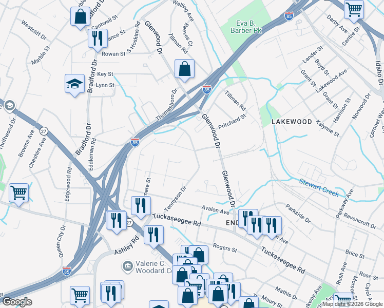 map of restaurants, bars, coffee shops, grocery stores, and more near 731 Tennyson Drive in Charlotte