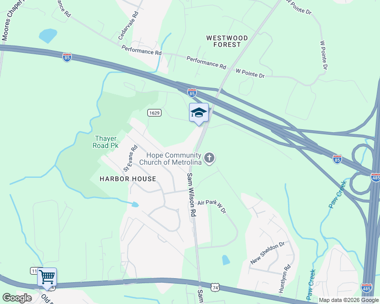 map of restaurants, bars, coffee shops, grocery stores, and more near 3110 Sam Wilson Rd in Charlotte