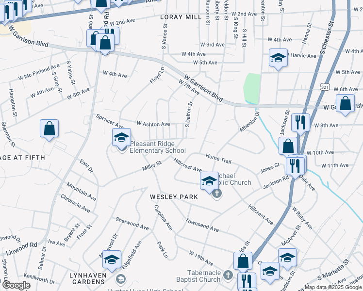 map of restaurants, bars, coffee shops, grocery stores, and more near 111 Summit Street in Gastonia