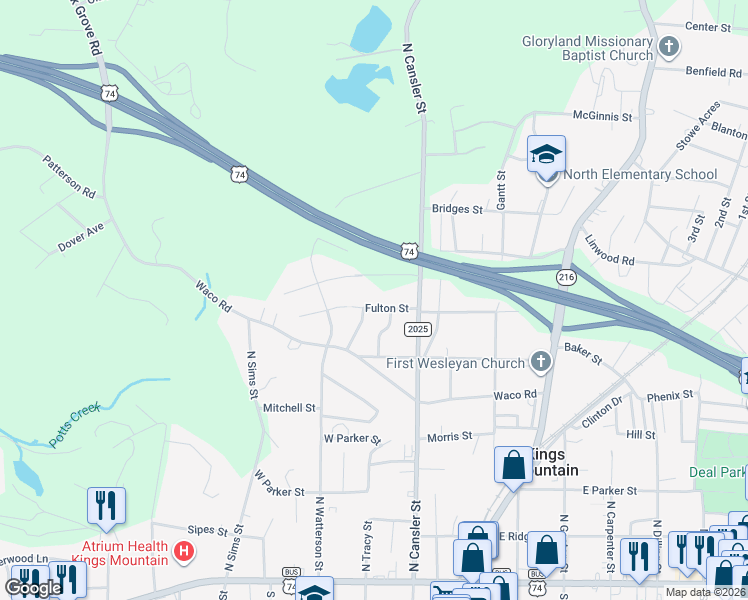 map of restaurants, bars, coffee shops, grocery stores, and more near 310 Fulton Street in Kings Mountain