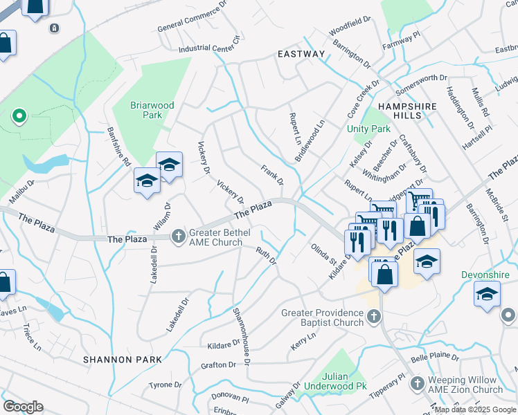 map of restaurants, bars, coffee shops, grocery stores, and more near 526 Briarwood Drive in Charlotte