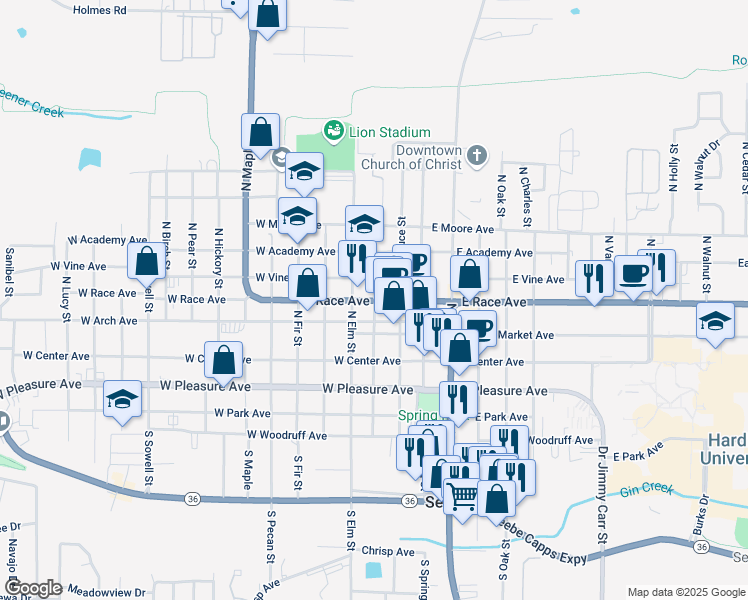 map of restaurants, bars, coffee shops, grocery stores, and more near West Race Avenue & North Gum Street in Searcy