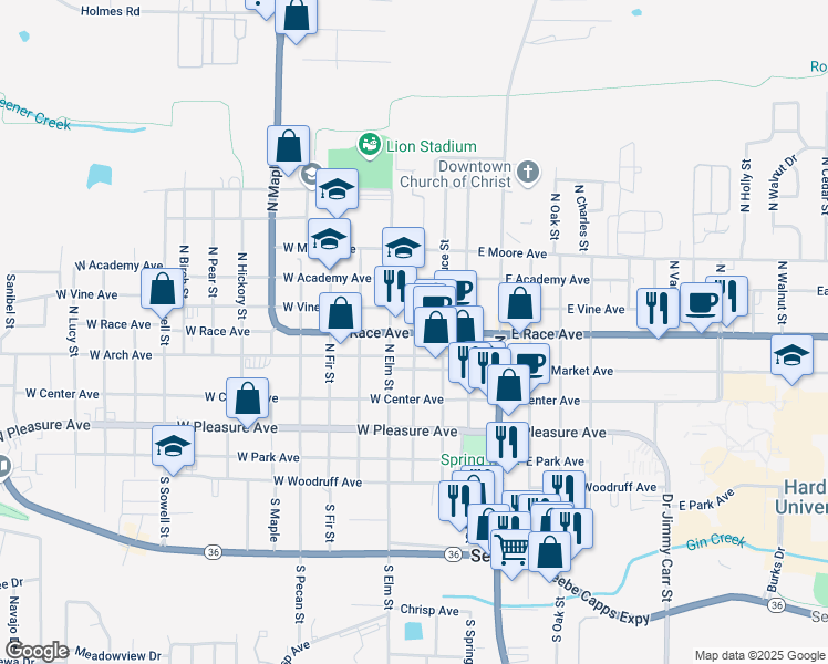 map of restaurants, bars, coffee shops, grocery stores, and more near West Race Avenue & North Gum Street in Searcy