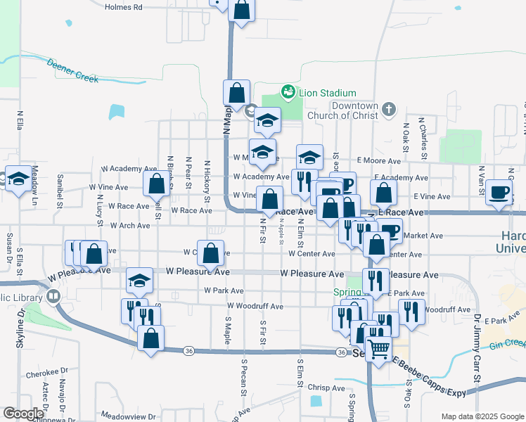map of restaurants, bars, coffee shops, grocery stores, and more near 601 West Race Avenue in Searcy