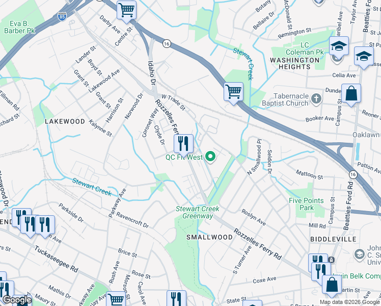 map of restaurants, bars, coffee shops, grocery stores, and more near 117-131 Judson Avenue in Charlotte