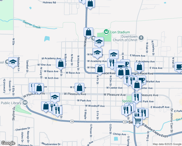 map of restaurants, bars, coffee shops, grocery stores, and more near 703 West Race Avenue in Searcy