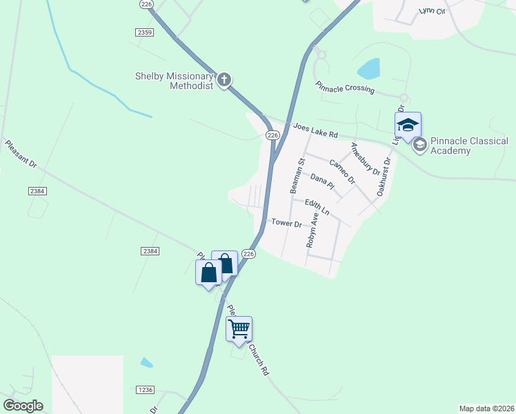 map of restaurants, bars, coffee shops, grocery stores, and more near 1 Kenwall Village Drive in Shelby