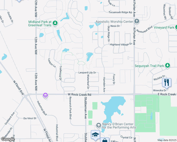 map of restaurants, bars, coffee shops, grocery stores, and more near 517 Leopard Lily Drive in Norman